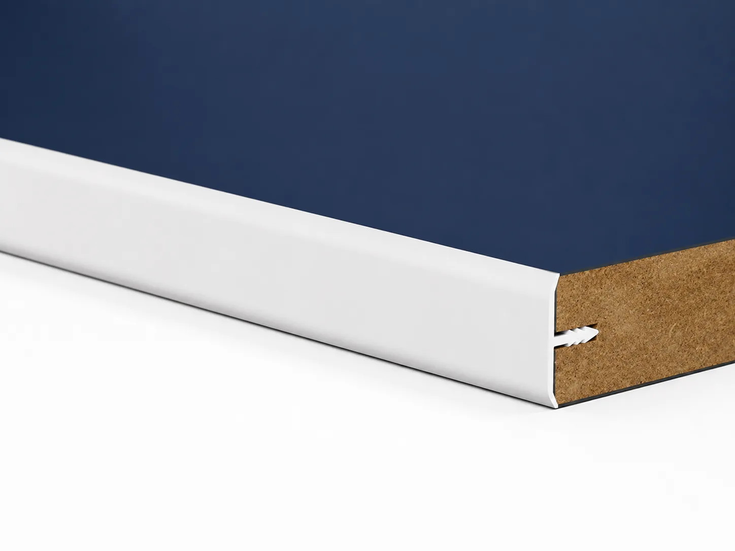 Slim white aluminum edge-banding profile fitted to a wood panel