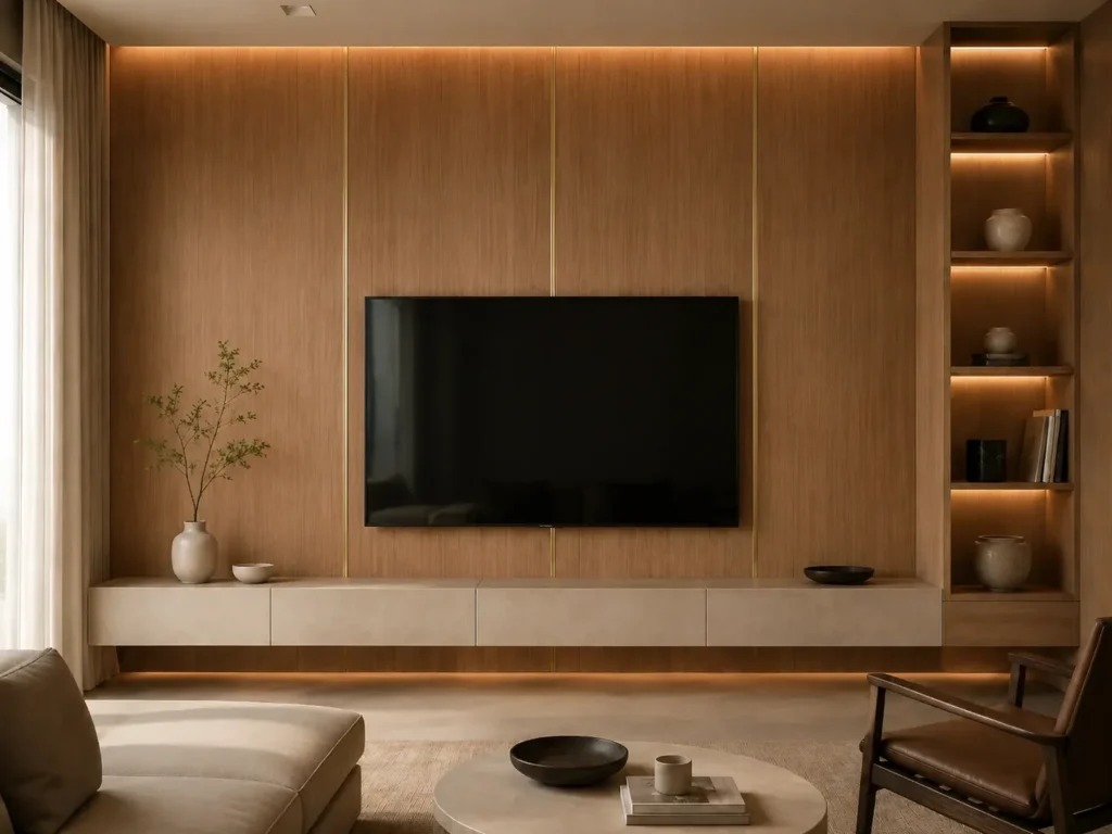 Gold aluminum divider trim installed between wood wall panels