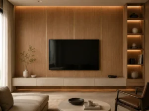 Gold aluminum divider trim installed between wood wall panels