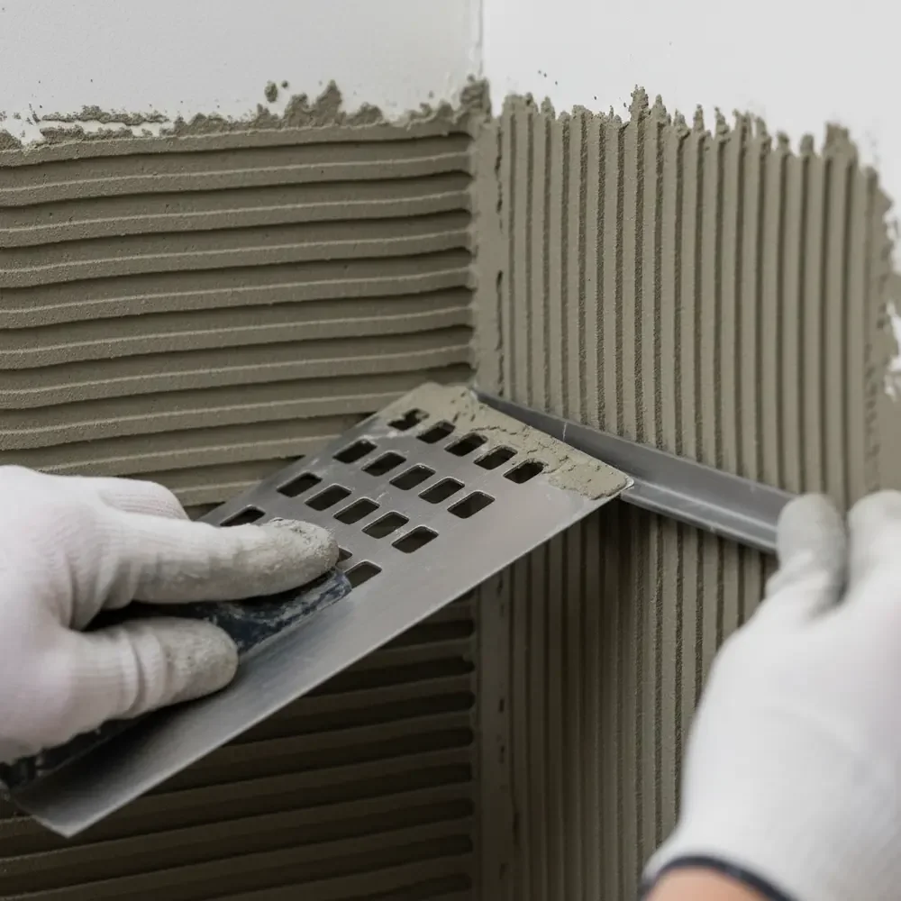 Applying tile adhesive before embedding tile edge trim