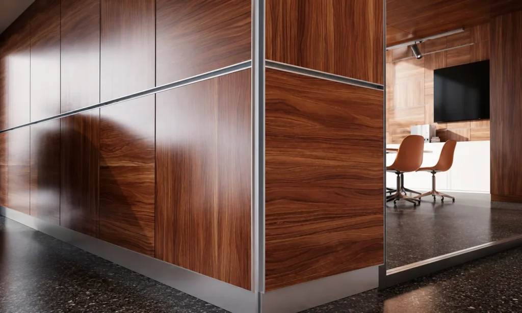 Aluminum corner trim protecting the edges of wood wall paneling