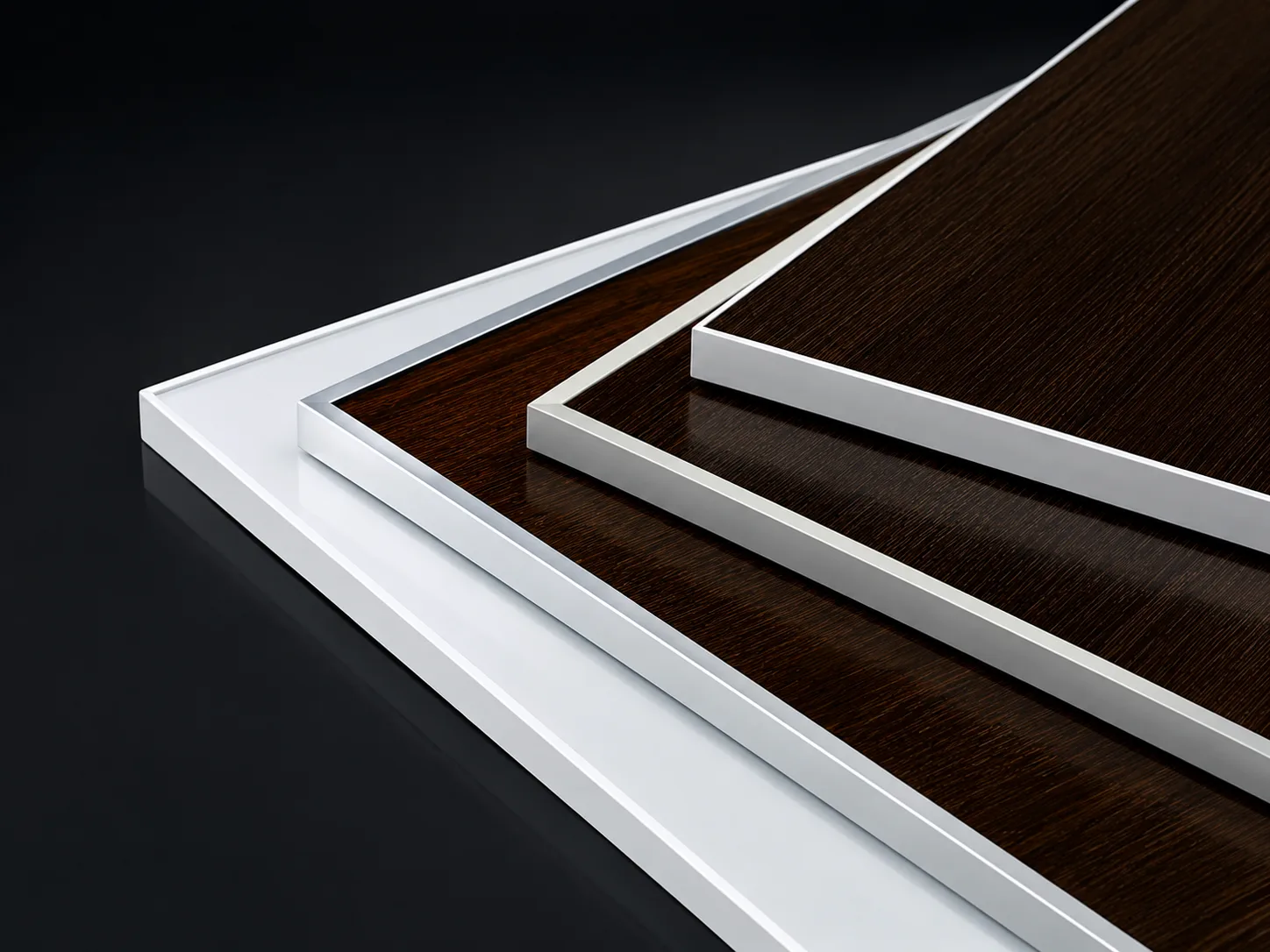 Multiple aluminum edging profiles fitted around dark wood panels