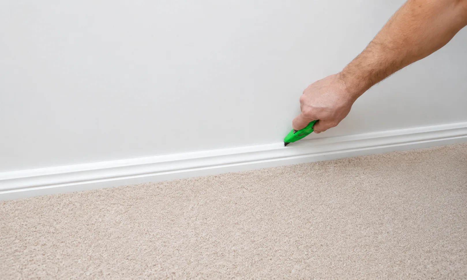 Scoring the paint and caulk line above a skirting board with a utility knife