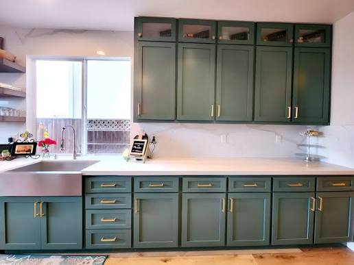 Kitchen cabinet handles installed on the stile of Shaker cabinet doors