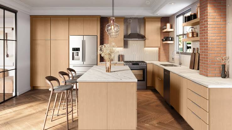 Long kitchen cabinet handles on slab and flat-front cabinet doors