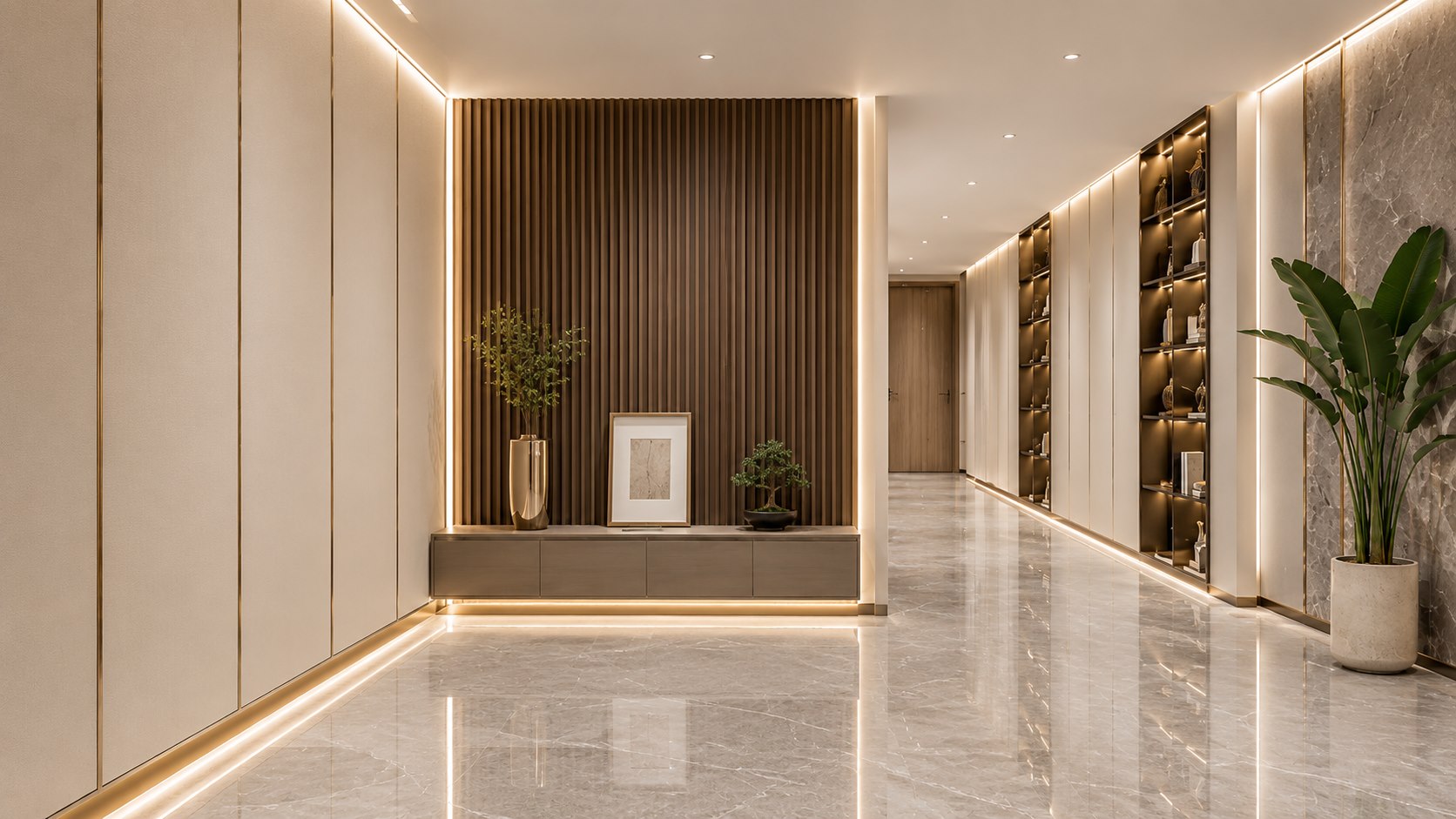 Modern interior featuring decorative aluminum trim profiles
