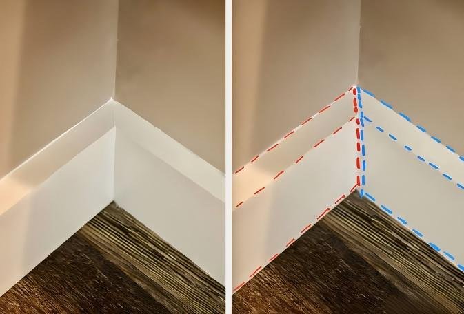 Baseboard corner cutting guide showing inside and outside miter lines
