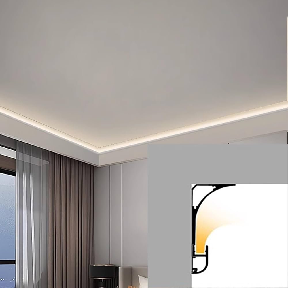 Corner LED channels used near a ceiling edge to direct soft linear light at an angle