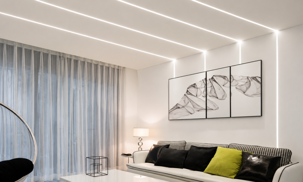 Modern interior lighting using recessed LED channels across ceiling and wall lines
