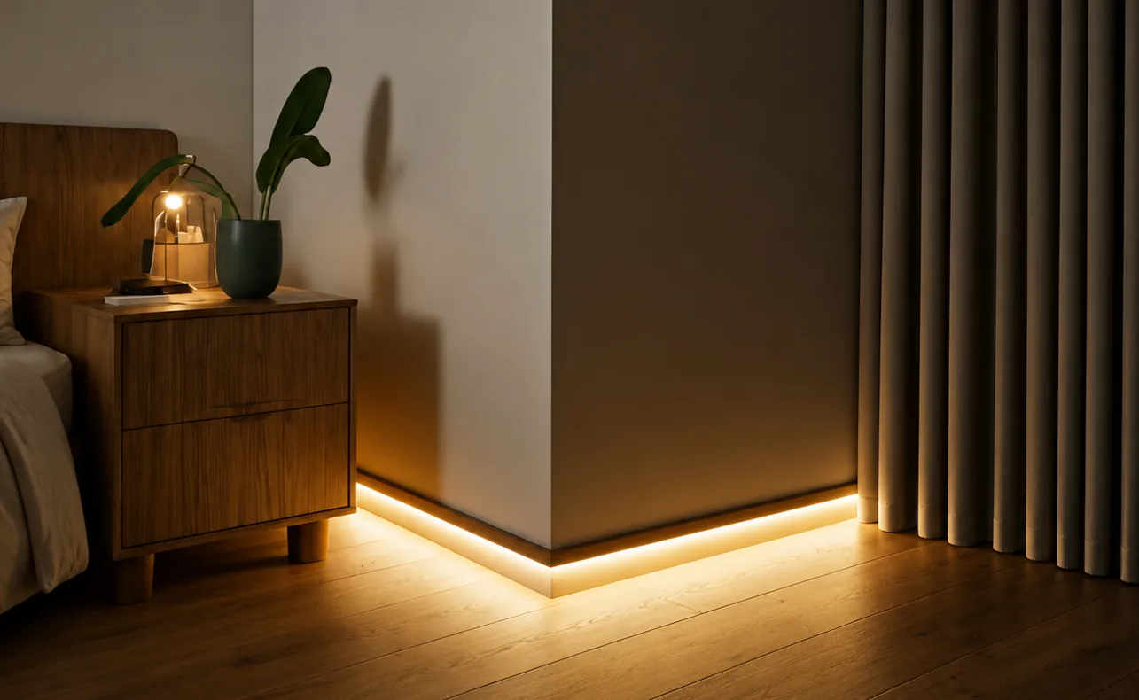 LED modern aluminum baseboard providing low-level indirect lighting along a wall