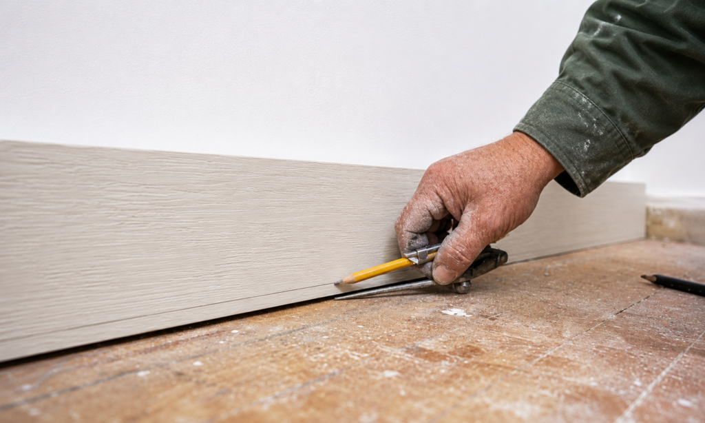 Measuring and marking baseboard molding before cutting