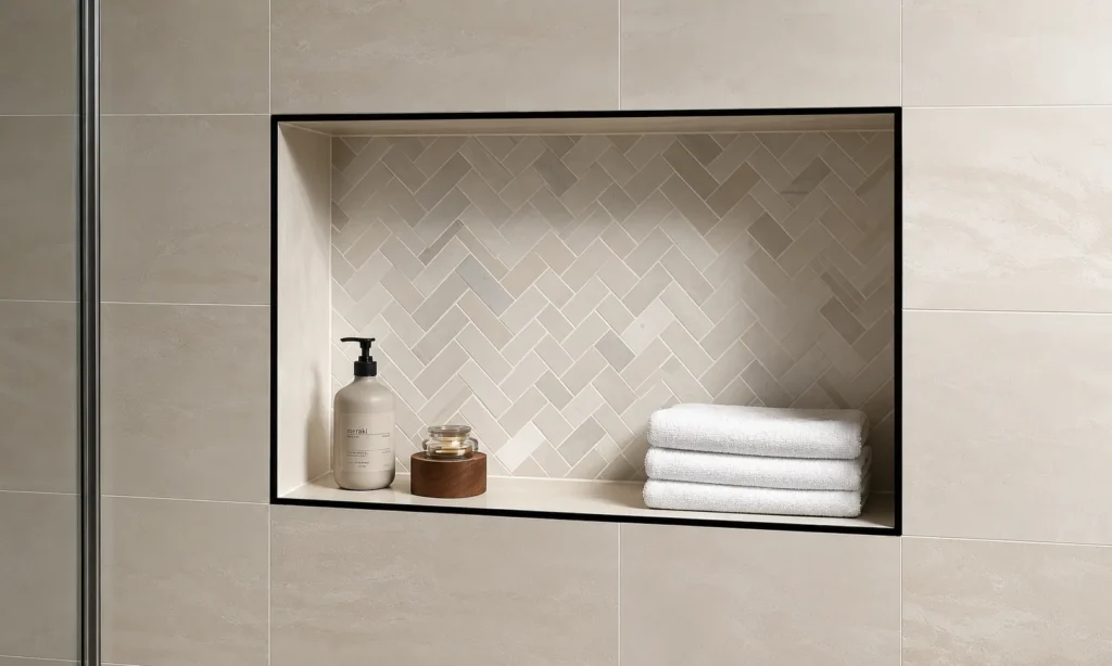 Metal tile edge trim creating a clean finished border around wall tiles