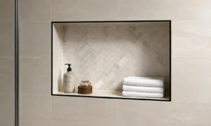 Metal tile edge trim creating a clean finished border around wall tiles