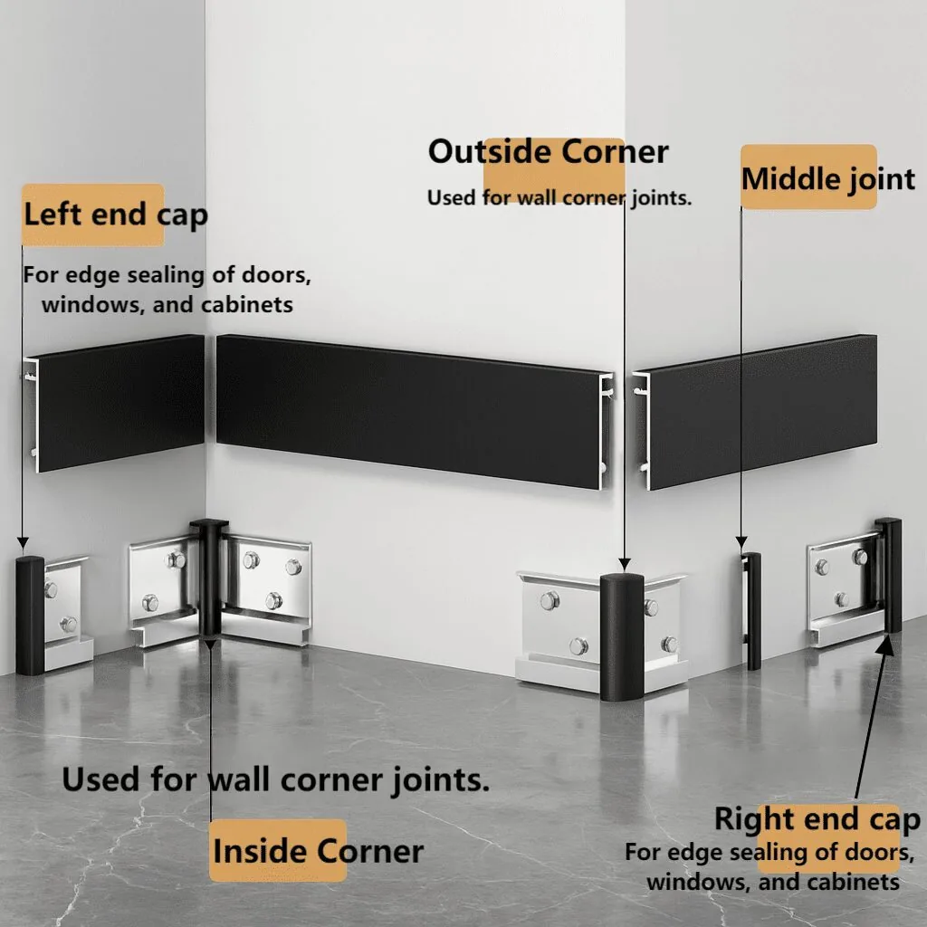 Modern baseboard corner accessories connectors and end caps for a complete installation