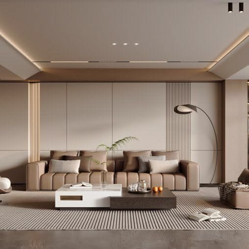 Modern interior wall panels with clean vertical transitions and warm lighting