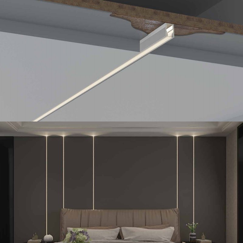 Recessed LED channels installed flush into ceiling and wall surfaces for a built-in lighting effect