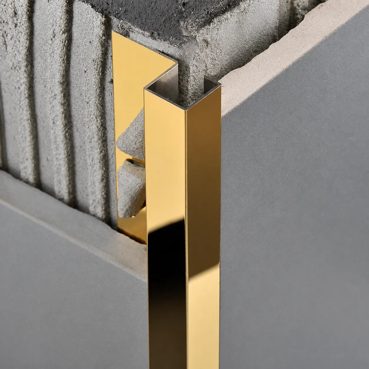 Square metal tile edge trim profile for modern feature walls and shower niches