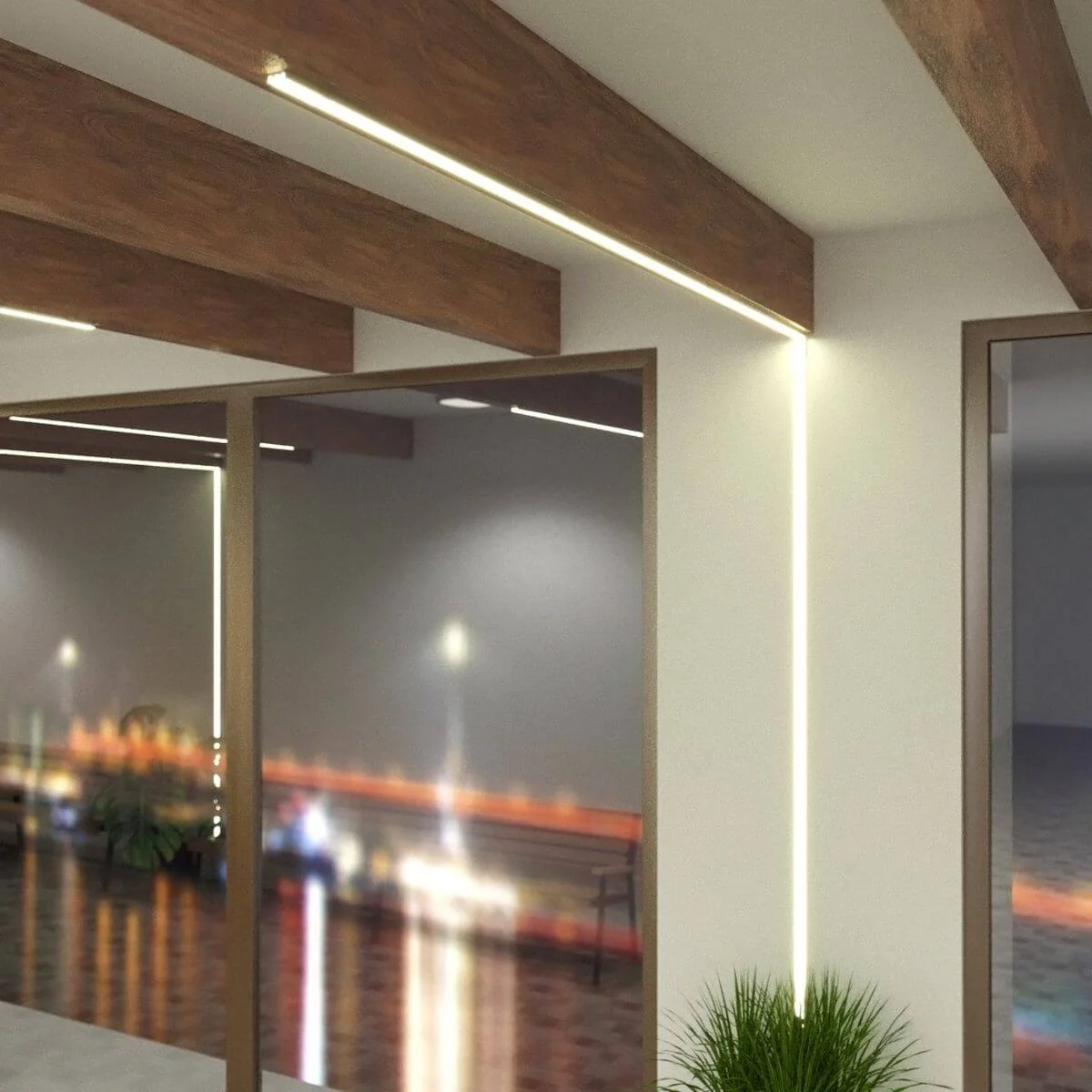 Surface-mounted LED channels installed along wall and ceiling edges for linear accent lighting