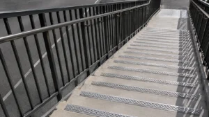 aluminum stair nosing protecting a high-traffic step edge