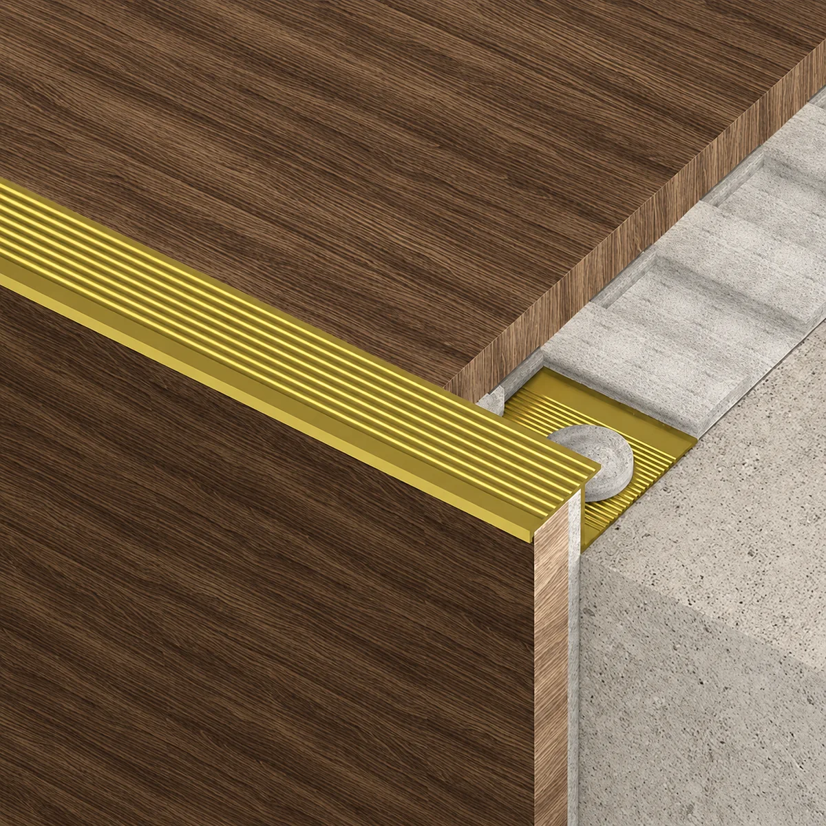 Brass stair edge nosing for decorative interior stairs