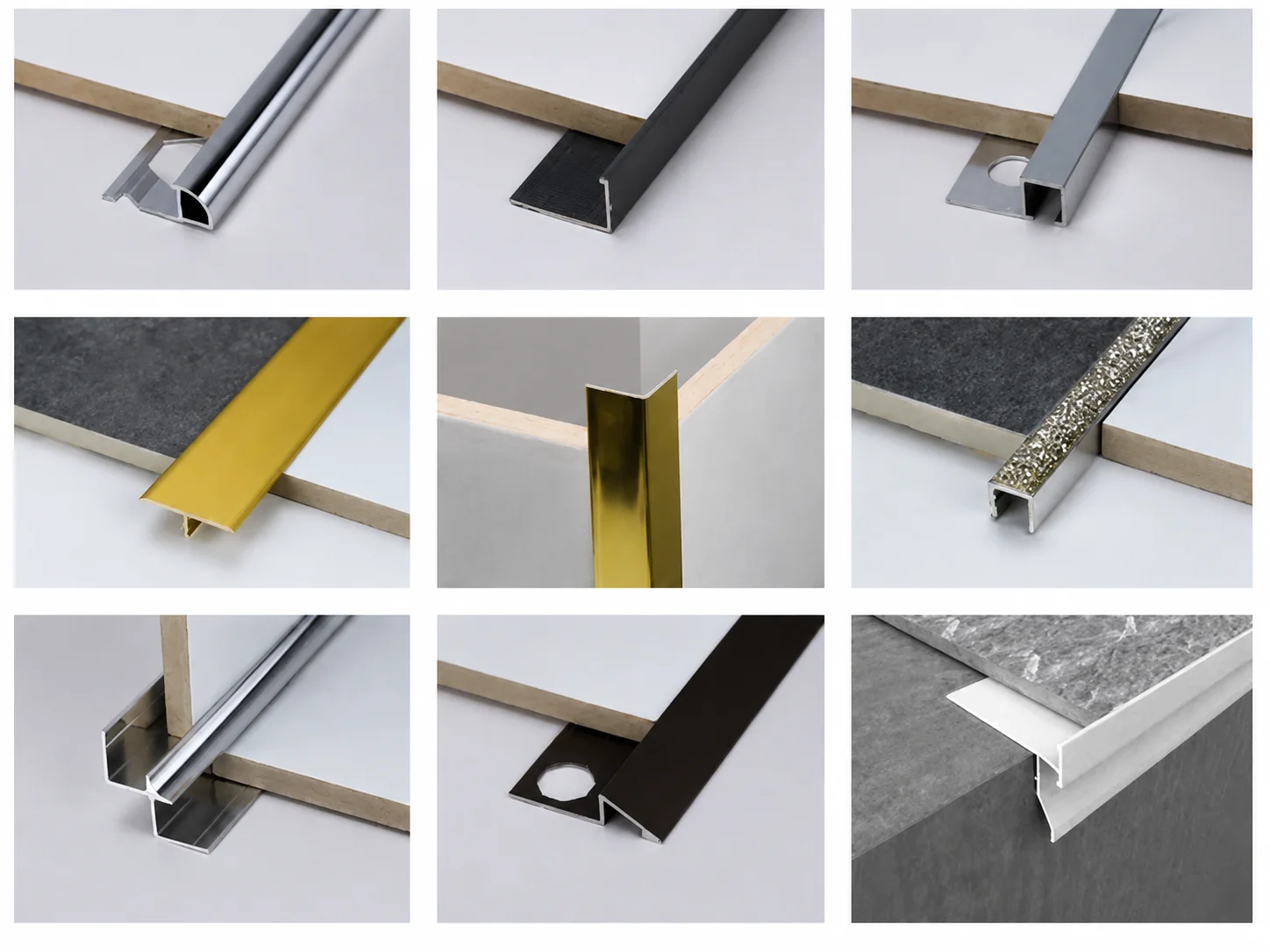 Metal tile trim profiles in several shapes and finishes