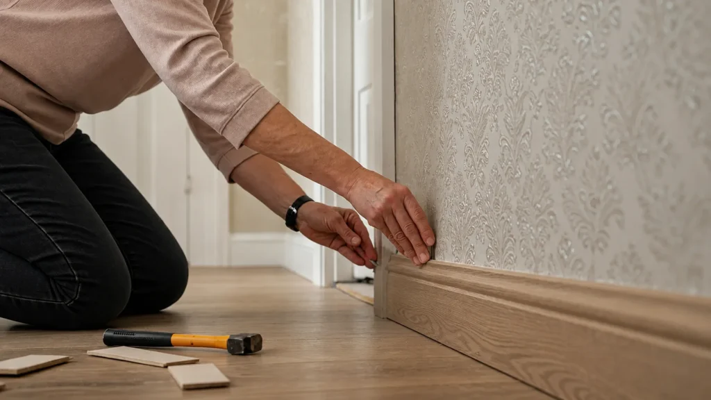 Skirting Board Cover fitted over an existing baseboard in a renovated interior