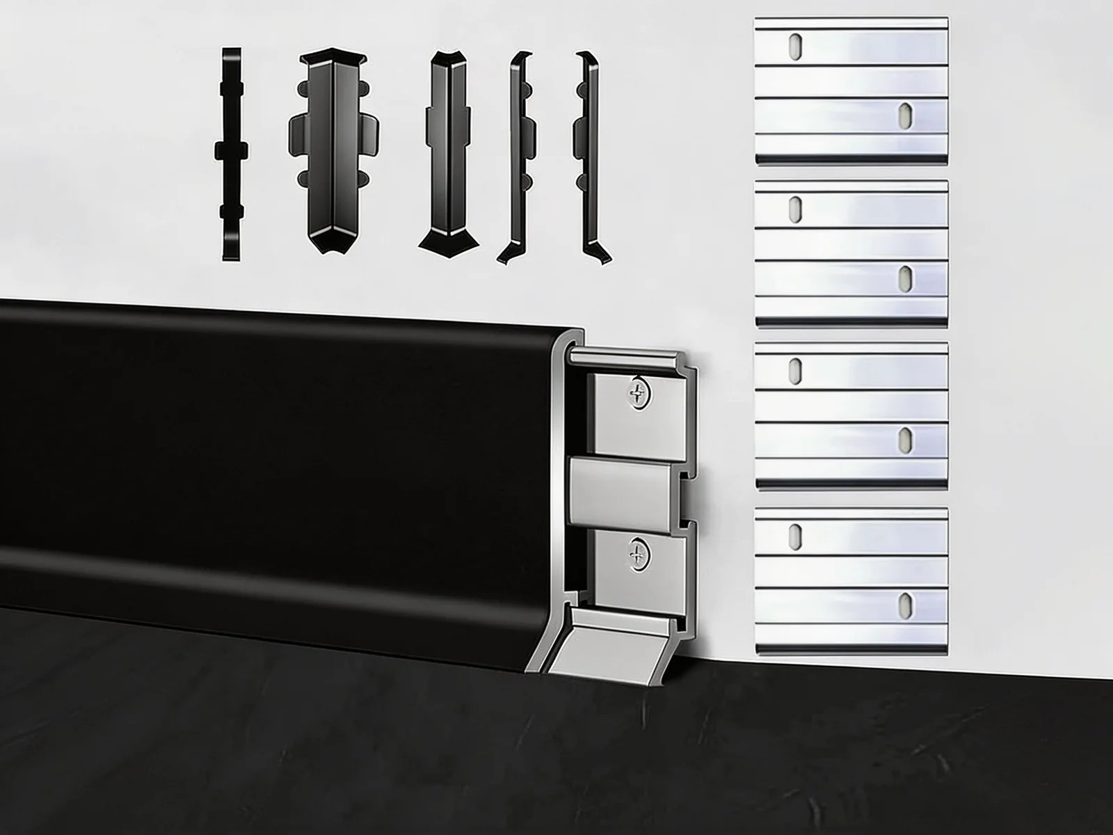 Wood baseboard and aluminum baseboard corner and joint finishing details