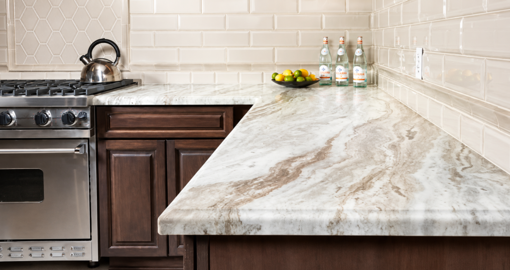 Backsplash tile trim in a finished kitchen