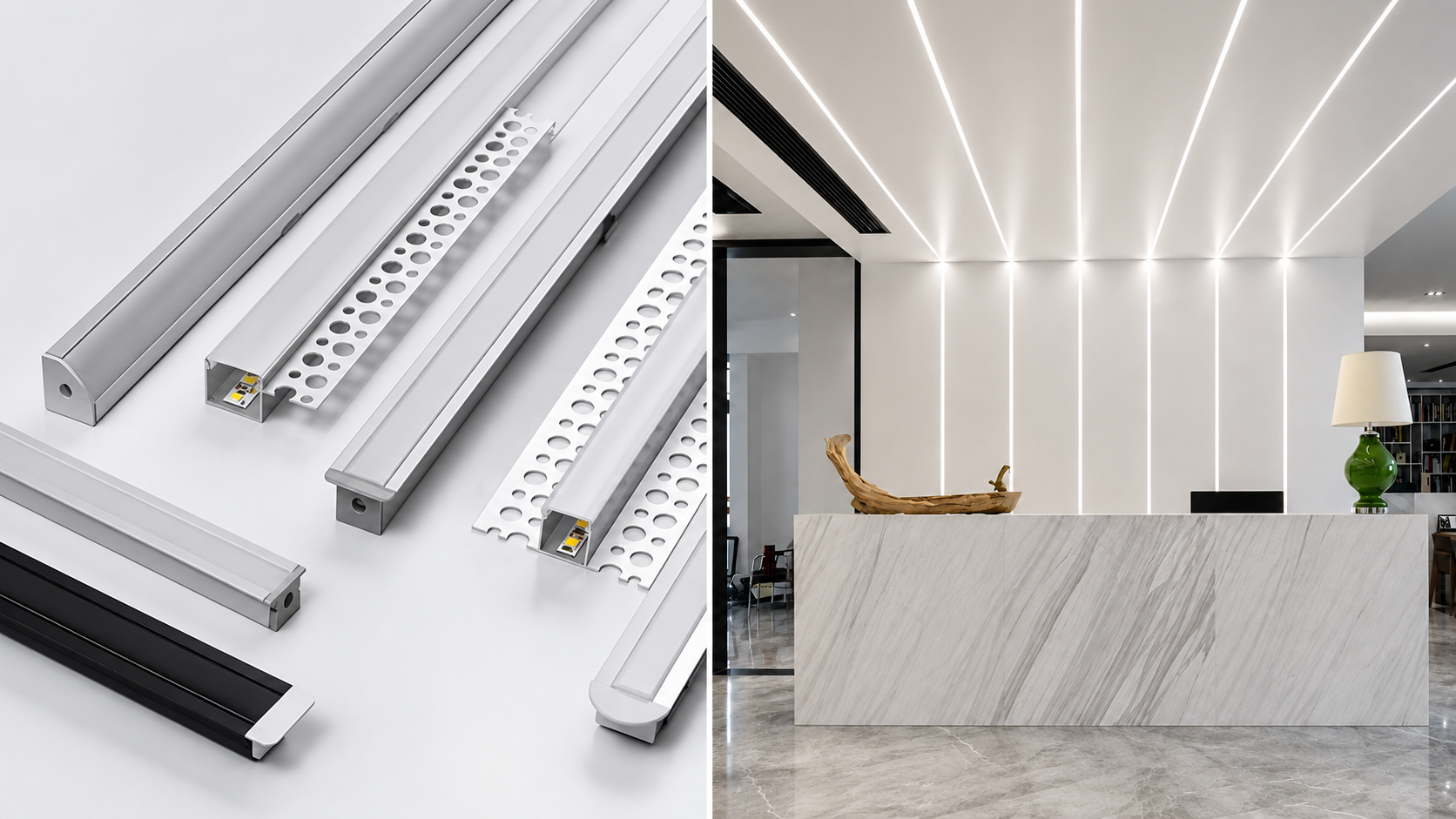 Linear shadow line ceiling reveal across a modern interior